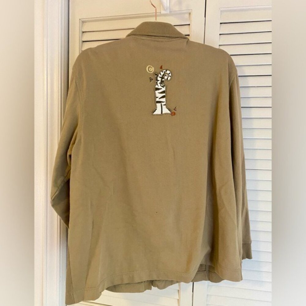 Onque Casuals Women's Tan Button-Up Cotton Jacket With Cat Appliqués Size L - Picture 2 of 6